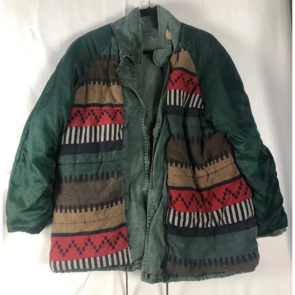 Vintage Brandon Thomas Coat Size large Green multicolor aztec lined Hoodie Jack
